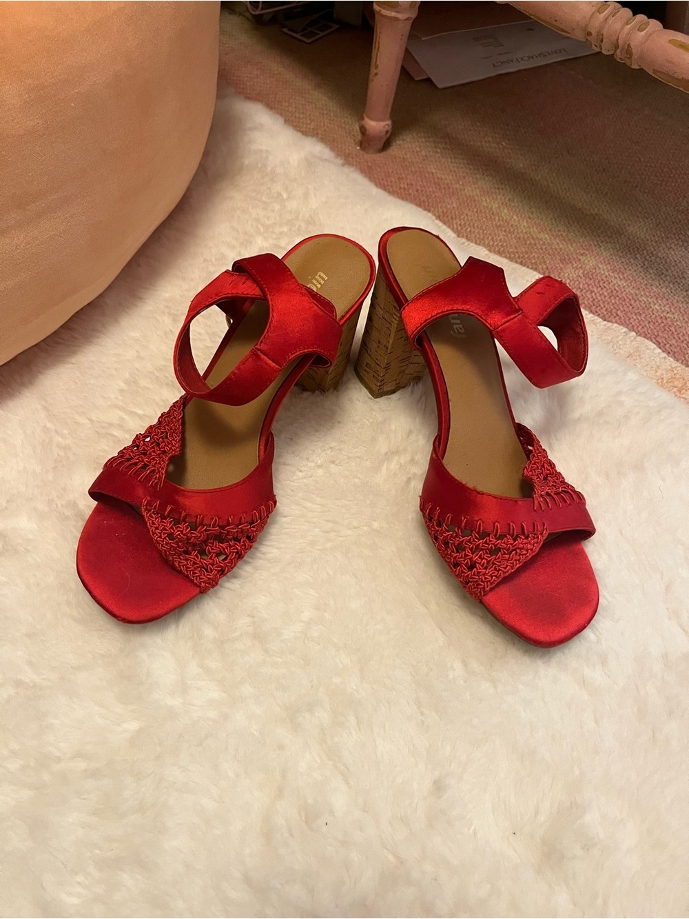 Farylrobin Red Satin Woven Strap Block Heel Sandals